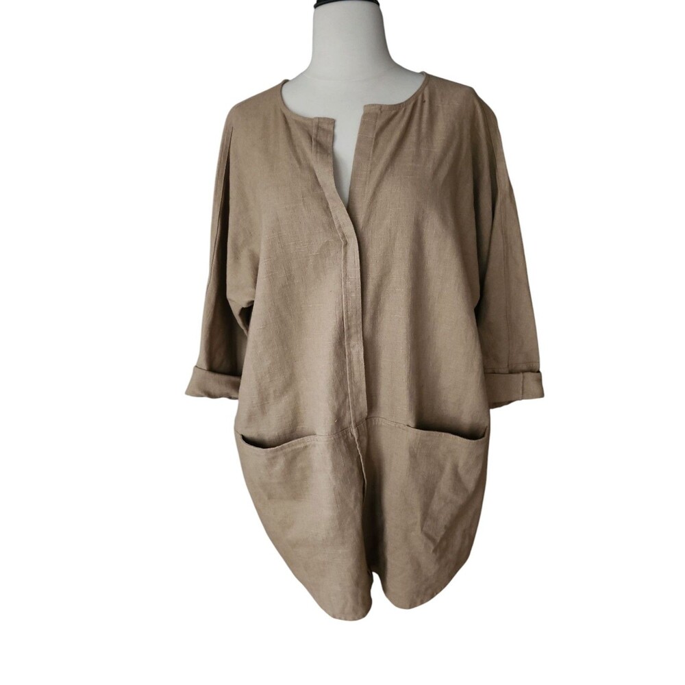 Chico's Minimalist Linen Blend Tunic Top Women's Size 12 Tan Boho Neutral Casual